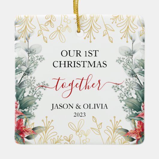 Groen Monoline Bloem Eerste Kerstmis Samen Keramisch Ornament (Voorkant)