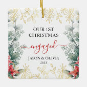 Groen Monoline Bloem Eerste Kerstmis Verloofd Keramisch Ornament (Voorkant)