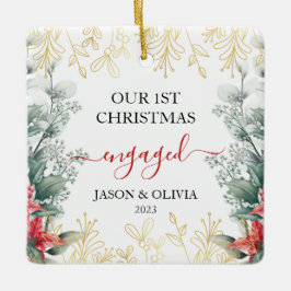 Groen Monoline Bloem Eerste Kerstmis Verloofd Keramisch Ornament