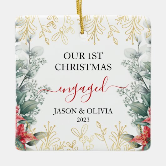 Groen Monoline Bloem Eerste Kerstmis Verloofd Keramisch Ornament (Voorkant)