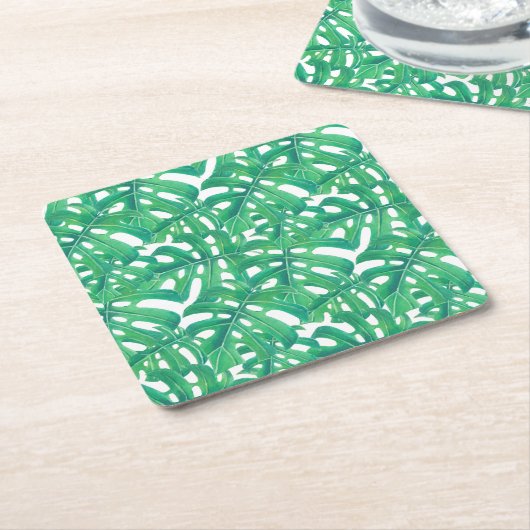 Groen monster een patroon van tropische bladeren kartonnen onderzetters (Schuin)