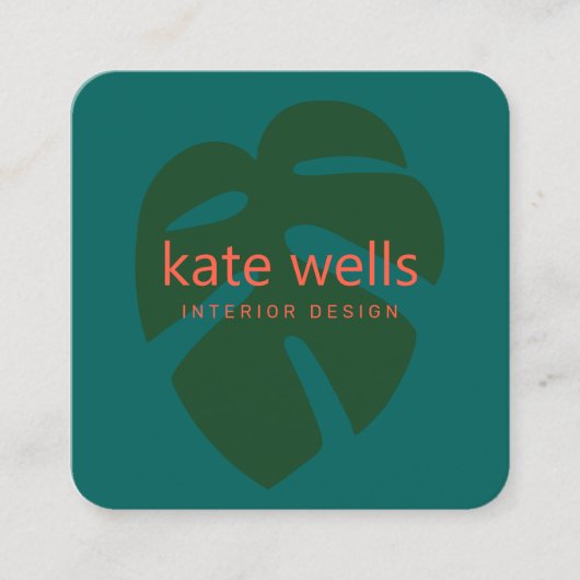 Groen Monstera Tropisch Leaf Logo Interieur Design Vierkante Visitekaartje (Voorkant)