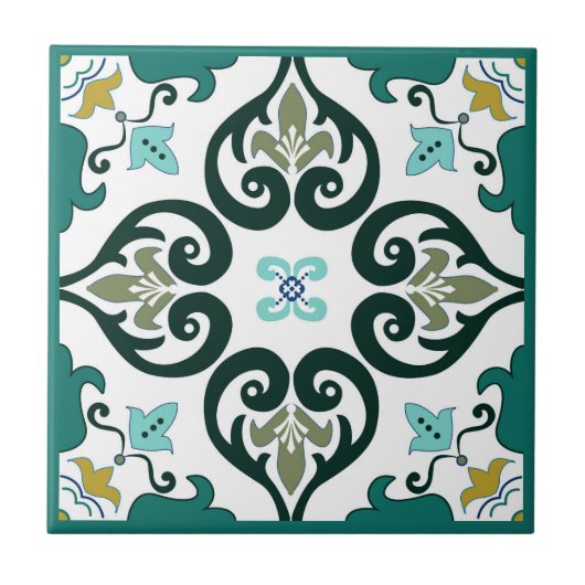 Groen, mosterd en wit Azulejo Tegeltje (Voorkant)