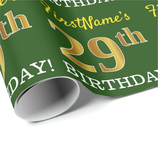 Groen, namaak goudkleurig "29th BIRTHDAY" Cadeaupapier (Rol Hoek)