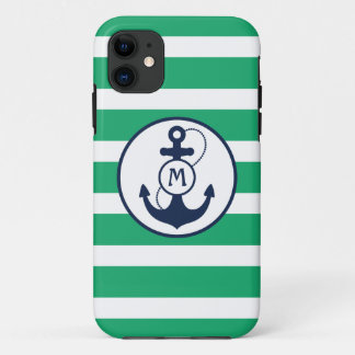 Groen Nautisch monogram anker iPhone 11 Hoesje
