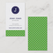 Groen & Navy Blauw Schattige Polka Dots Monogram Visitekaartje (Voorkant / Achterkant)
