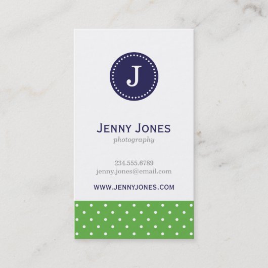 Groen & Navy Blauw Schattige Polka Dots Monogram Visitekaartje (Voorkant)