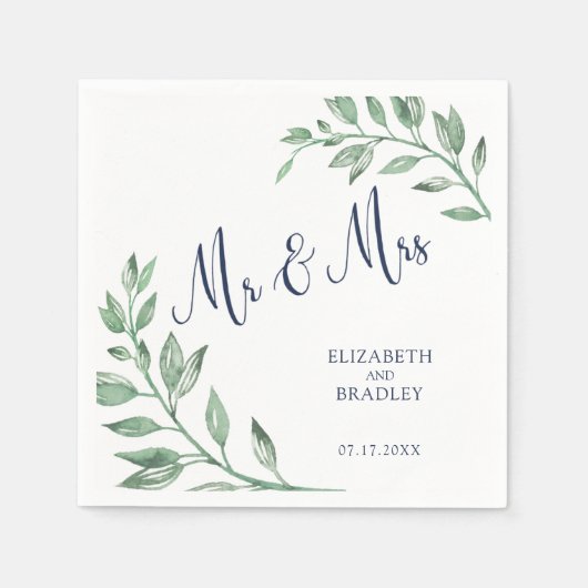groen | Navy Blue Script Mr en Mrs. | Bruiloft Servet (Voorkant)