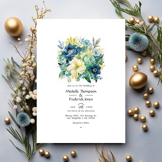 Groen, Navy, Bord Blauw, en Goud Bloemen Bruiloft Kaart