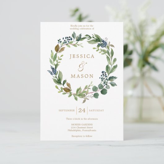 Groen Navy Goud Bruiloft Uitnodiging Kaart (Staand voorkant)