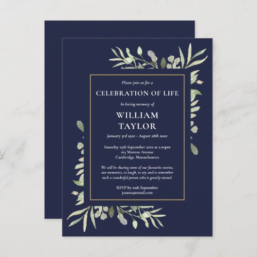 Groen Navyblauw Levensviering Uitnodiging (Voorkant / Achterkant)
