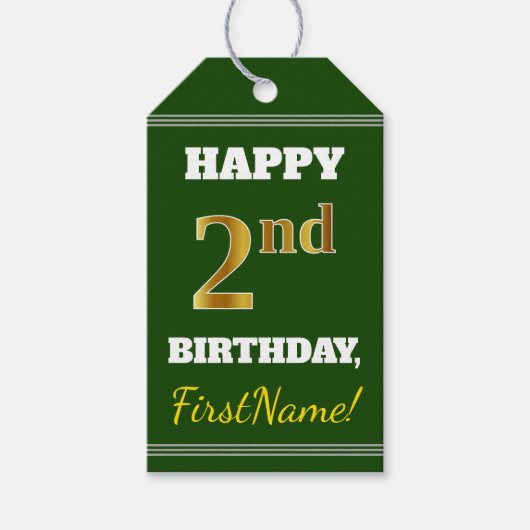 Groen, Nep Goud 2e Verjaardag + Aangepaste Naam Cadeaulabel (Voorkant)
