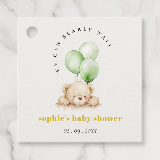 Groen Neutraal Bearly Wachtballon Baby shower Bedankjes Labels (Voorkant)