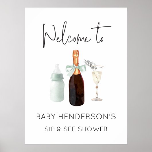 Groen Neutraal Sip en Zie Baby shower Welkomstbord Poster (Voorkant)