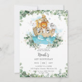 Groen Noah's Ark Gender Neutraal Verjaardagsfeest Kaart (Voorkant)