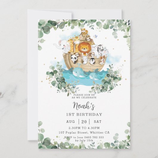 Groen Noah's Ark Gender Neutraal Verjaardagsfeest Kaart (Voorkant)