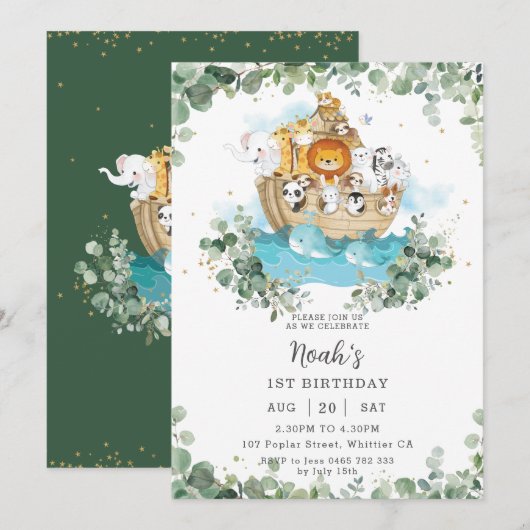 Groen Noah's Ark Gender Neutraal Verjaardagsfeest Kaart (Voorkant / Achterkant)