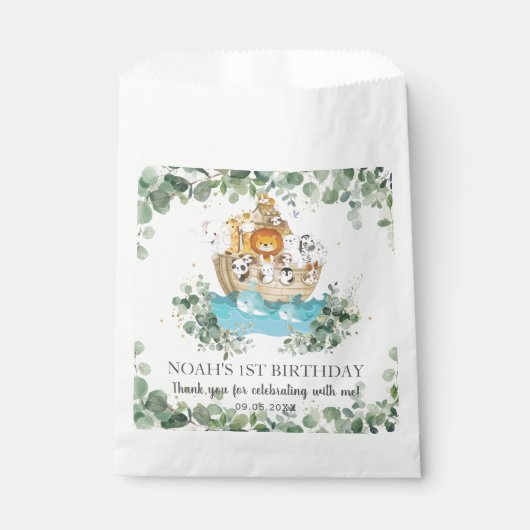 Groen Noah's Ark Leuke Dieren Baby Verjaardag Bedankzakje (Voorkant)