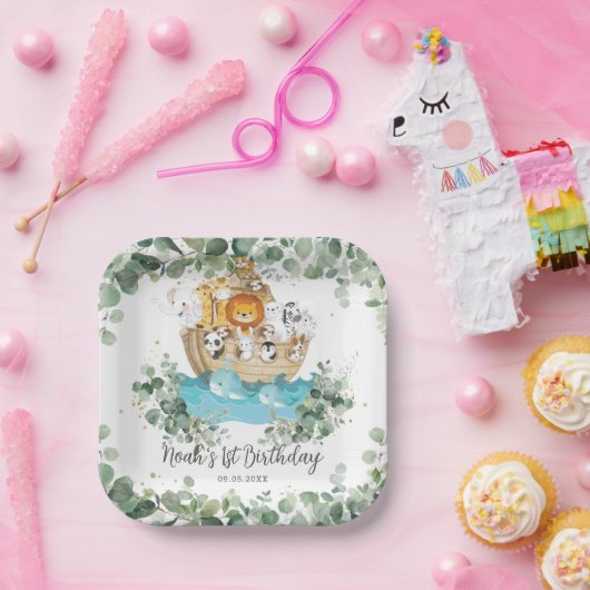 Groen Noah's Ark Leuke Dieren Verjaardag Doop Papieren Bordje (Feest)