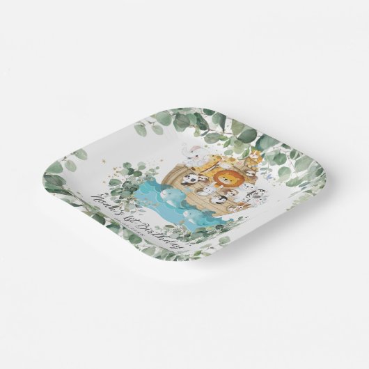 Groen Noah's Ark Leuke Dieren Verjaardag Doop Papieren Bordje (Gebogen)