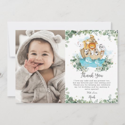 Groen Noah's Ark Verjaardagsfeestfoto Bedankkaart (Voorkant)