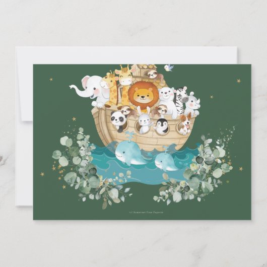 Groen Noah's Ark Verjaardagsfeestfoto Bedankkaart (Achterkant)