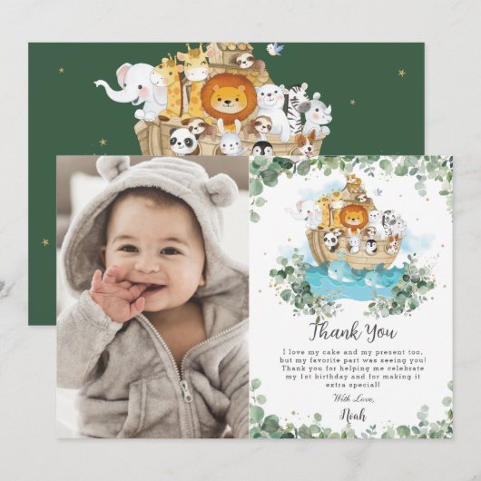 Groen Noah's Ark Verjaardagsfeestfoto Bedankkaart (Voorkant / Achterkant)