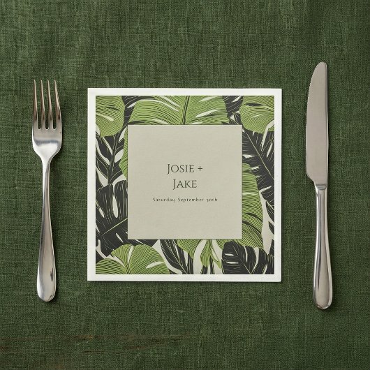 Groen oerwoud bladeren, vet en modern, bruiloft servet