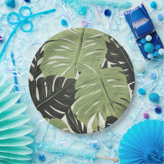 Groen oerwoud bladeren, vet en modern papieren bordje (Feest)