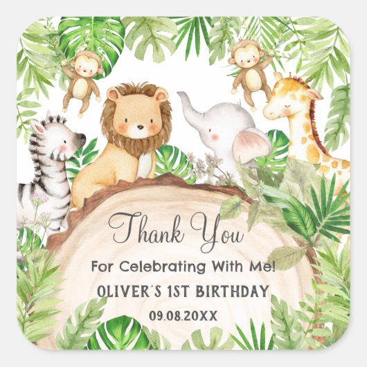 Groen Oerwoud Dieren 1e Verjaardag Baby shower Vierkante Sticker (Voorkant)