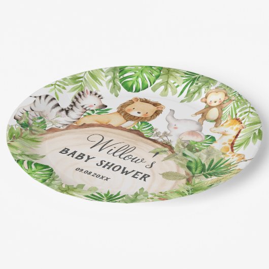 Groen Oerwoud Dieren Baby shower 1e Verjaardag Papieren Bordje (Gekanteld)