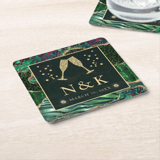 Groen Oerwoud Dierenafdrukken Glitter Agate Weddin Kartonnen Onderzetters (Schuin)