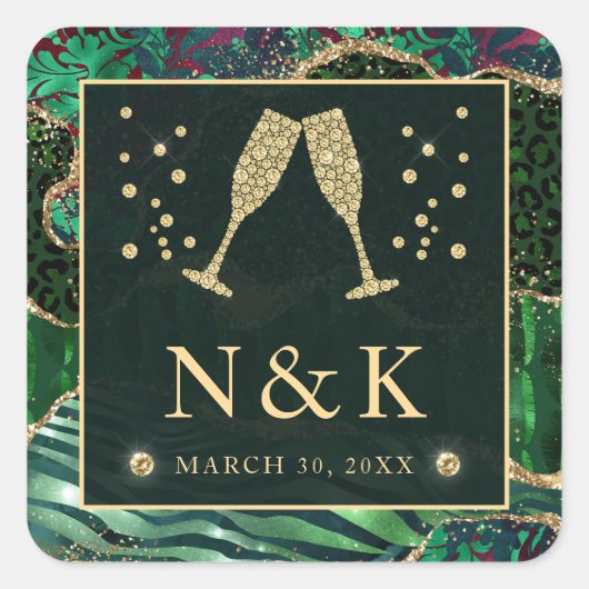 Groen Oerwoud Dierenafdrukken Glitter Agate Weddin Vierkante Sticker (Voorkant)