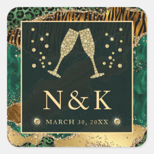 Groen Oerwoud Dierenafdrukken Glitter Agate Weddin Vierkante Sticker