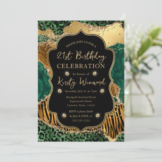 Groen Oerwoud Safari Glitter Agate 21st Birthday Kaart (Staand voorkant)