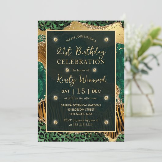 Groen Oerwoud Safari Glitter Agate 21st Birthday Kaart (Staand voorkant)