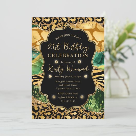 Groen Oerwoud Safari Glitter Agate 21st Birthday Kaart (Staand voorkant)