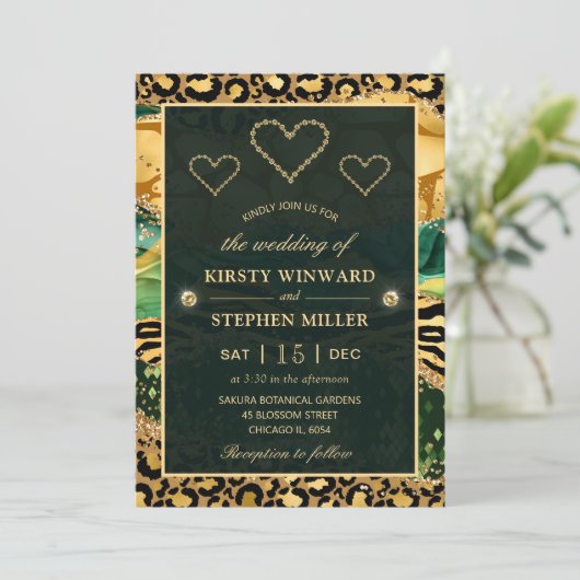 Groen Oerwoud Safari Glitter Agate Wedding Kaart (Staand voorkant)