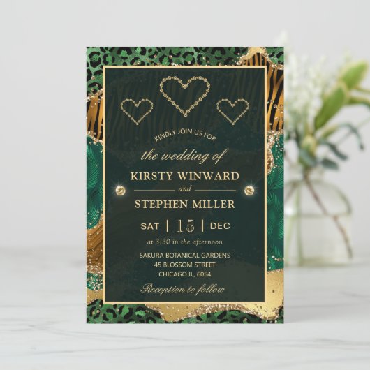Groen Oerwoud Safari Glitter Agate Wedding Kaart (Staand voorkant)