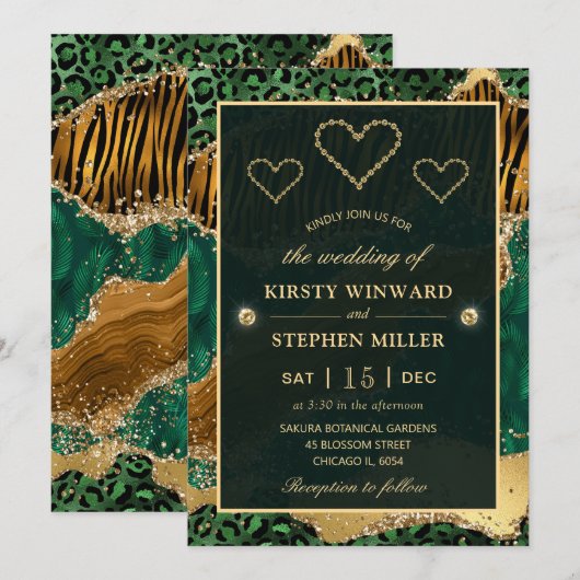 Groen Oerwoud Safari Glitter Agate Wedding Kaart (Voorkant / Achterkant)