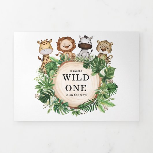 Groen Oerwoud Safari Wild Animal Boy Baby shower Drieluik Aankondiging (Cover)