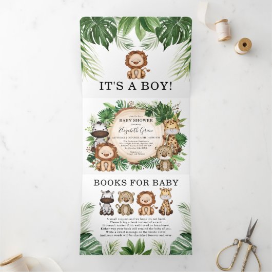 Groen Oerwoud Safari Wild Animal Boy Baby shower Drieluik Aankondiging (Binnen)