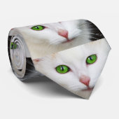 Groen Ogen Witte Kat Necktie Stropdas (Opgerold)