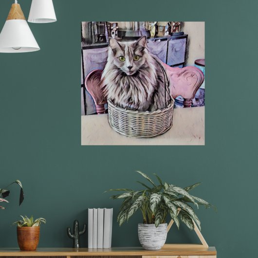 Groen-ogige grijze kat in mand Poster (Woonkamer 1)