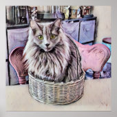 Groen-ogige grijze kat in mand Poster (Voorkant)
