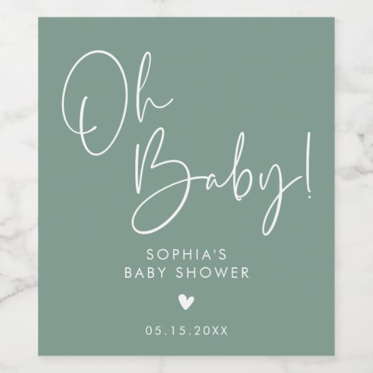 Groen Oh Baby Modern Boho Baby shower Wijn Etiket (Enkel label)
