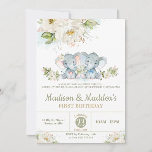 Groen Olifant Tweeling Jongen Meisje Verjaardagsfe Kaart (Voorkant)