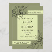 Groen Olijf. Bladgroen. Elegante botanische bruilo Save The Date (Voorkant / Achterkant)