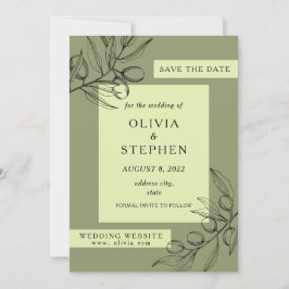 Groen Olijf. Bladgroen. Elegante botanische bruilo Save The Date