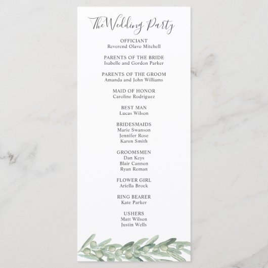 Groen Olijf Bruiloft Programmakaart (Achterkant)